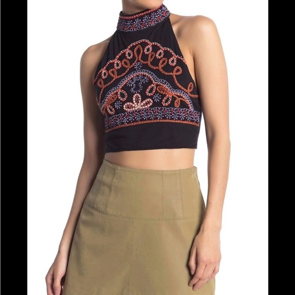 Free People Tops - NWT Free People Boho Hippie Black Halter, Tie Back, Embroidered Beaded Crop Top